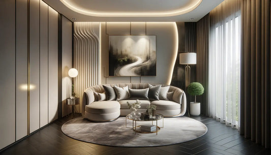 A sophisticated small living space showcasing a luxurious sofa