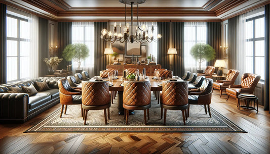 Luxurious dining room showcasing a variety of leather dining chairs around an elegant table, highlighting the style and practicality of leather in home decor.